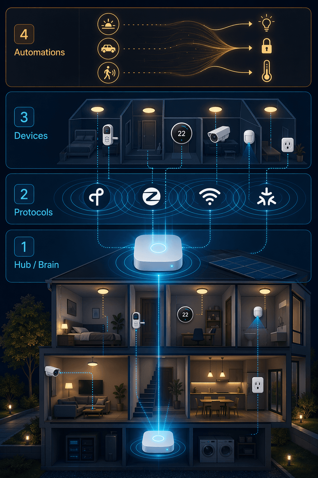 Isometric cross‑section of a house with four floating layers: a glowing hub, protocol rings for Thread/Zigbee/Wi‑Fi/Matter, distributed device icons, and an automation timeline connecting triggers to actions.