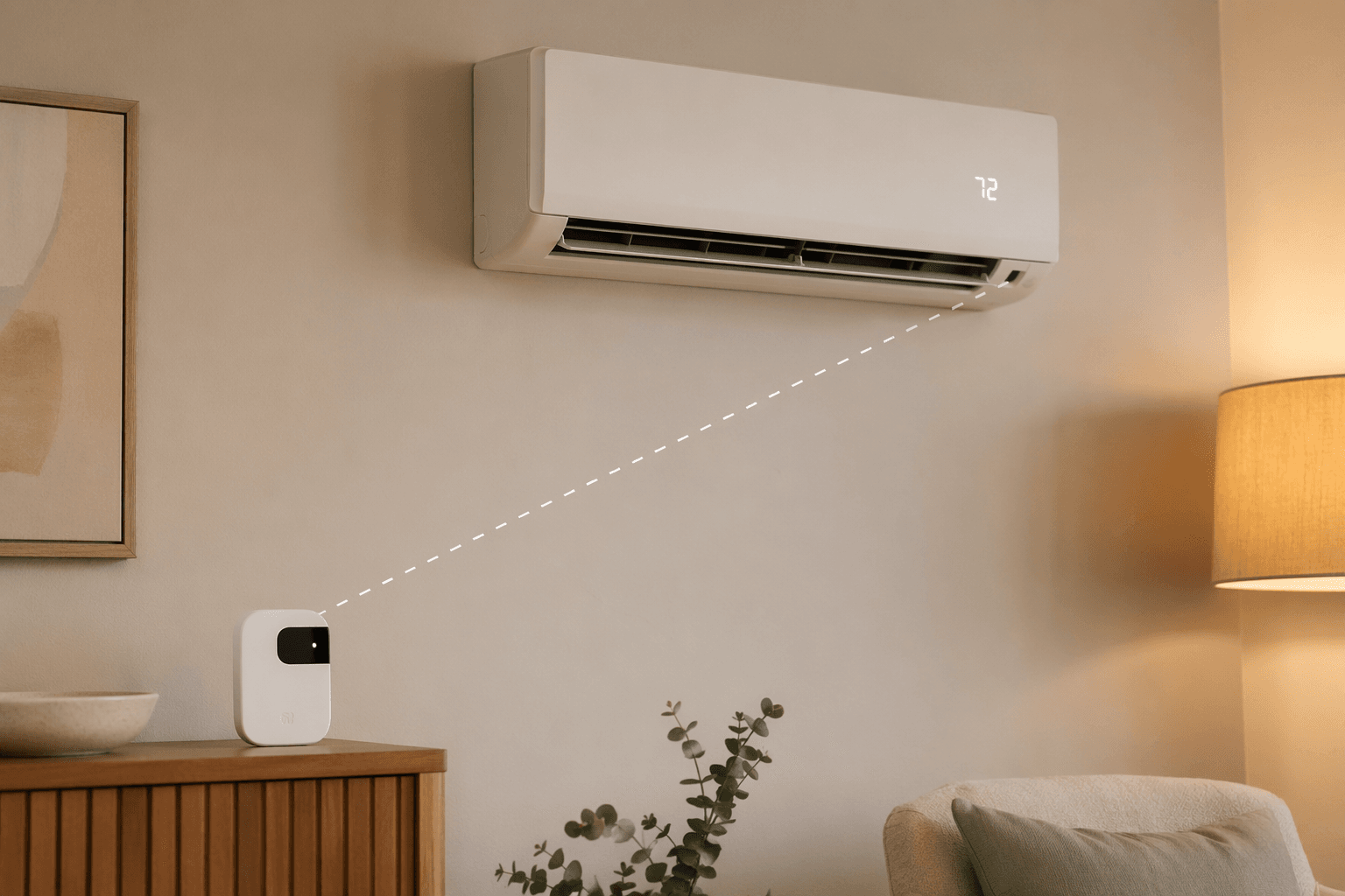 White mini-split wall unit with an infrared smart AC controller on a shelf below, connected by a dashed wireless beam line
