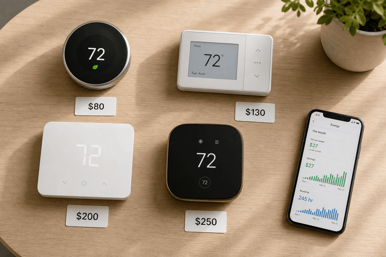 Four smart thermostats arranged on a light wood surface with price tags from $80 to $250, a smartphone showing an energy dashboard nearby.