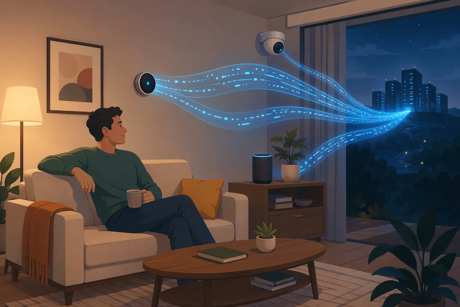 A person sitting in a living room looking at a smart thermostat while translucent data streams labeled with device ID, usage pattern, and network address flow from the thermostat, speaker, and camera toward a data center silhouette — the person appears unaware of the data transfer.