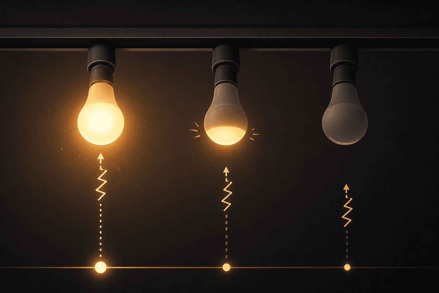 Three ceiling light bulbs on a track: left bulb fully lit, middle bulb dim and half-lit, right bulb completely dark. Zigzag signal lines show commands arriving at different times.