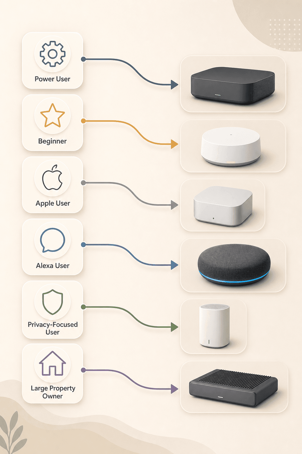Decision guide illustration with user profile icons connected by flowing paths to abstract controller hub shapes.