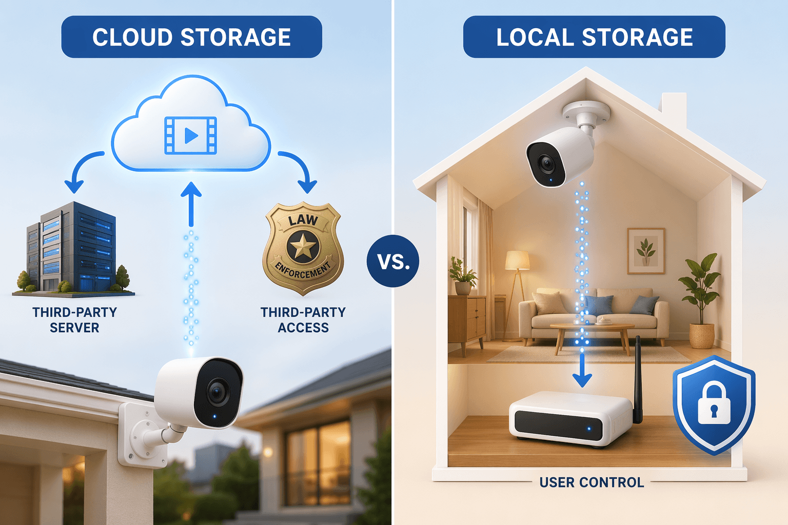 Editorial comparison illustration: left side shows a security camera sending footage to a cloud icon, then to a server building and a law enforcement badge; right side shows a camera sending footage to a local hub inside a house with a lock icon.