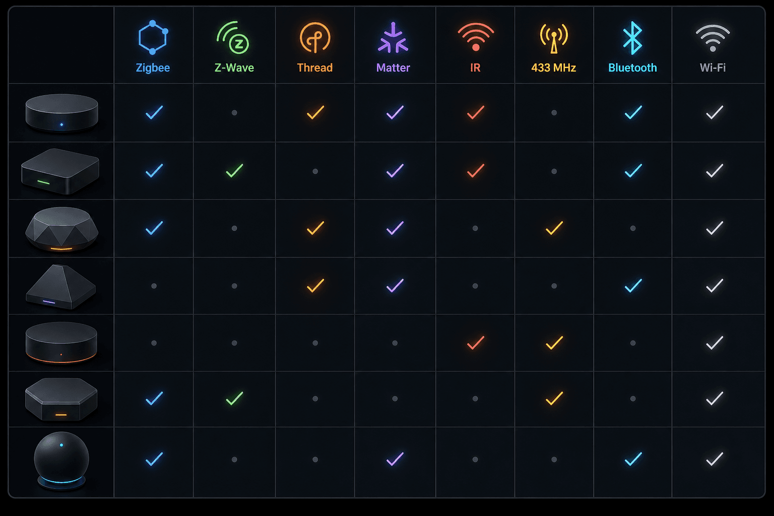 Comparison matrix showing 7 controller icons vertically and 8 protocol icons horizontally with check marks indicating support.