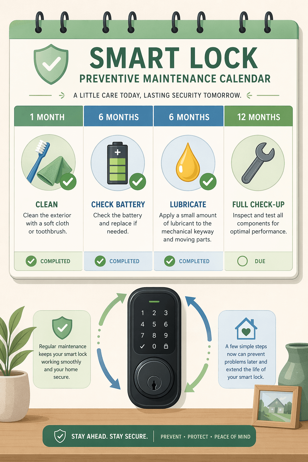 Flat-vector illustration of a wall calendar with smart lock maintenance reminders. Monthly entries show icons: cleaning cloth at month one, battery icon at six months, lubrication drop at six months, wrench checkup at twelve months. Checkmarks on completed tasks. A smart lock with subtle circular arrows at bottom center. Soft greens, blues, and warm accents.