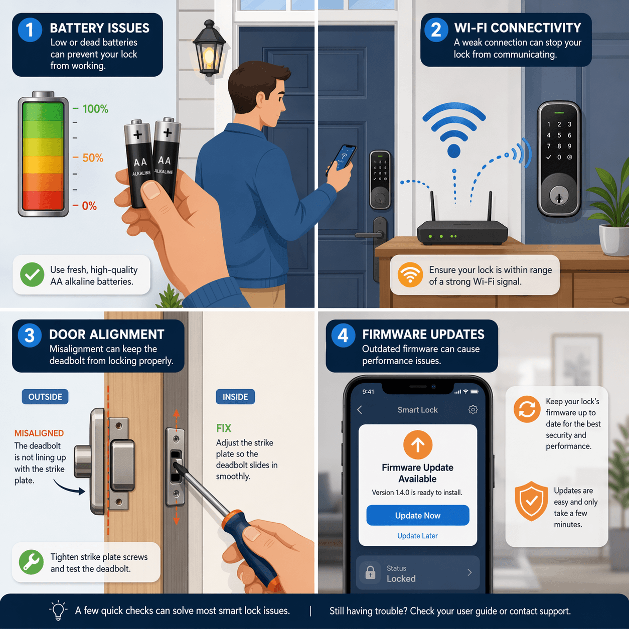 A flat-vector illustration split into four quadrants showing a homeowner at a front door with a smartphone. Top-left: battery icon with green-to-red gradient and hand holding AA batteries. Top-right: Wi‑Fi symbol with router and signal waves toward a smart lock. Bottom-left: cross-section of door with misaligned deadbolt, strike plate, and screwdriver. Bottom-right: smartphone screen displaying firmware update notification. Cool blues and grays with orange and yellow accents.