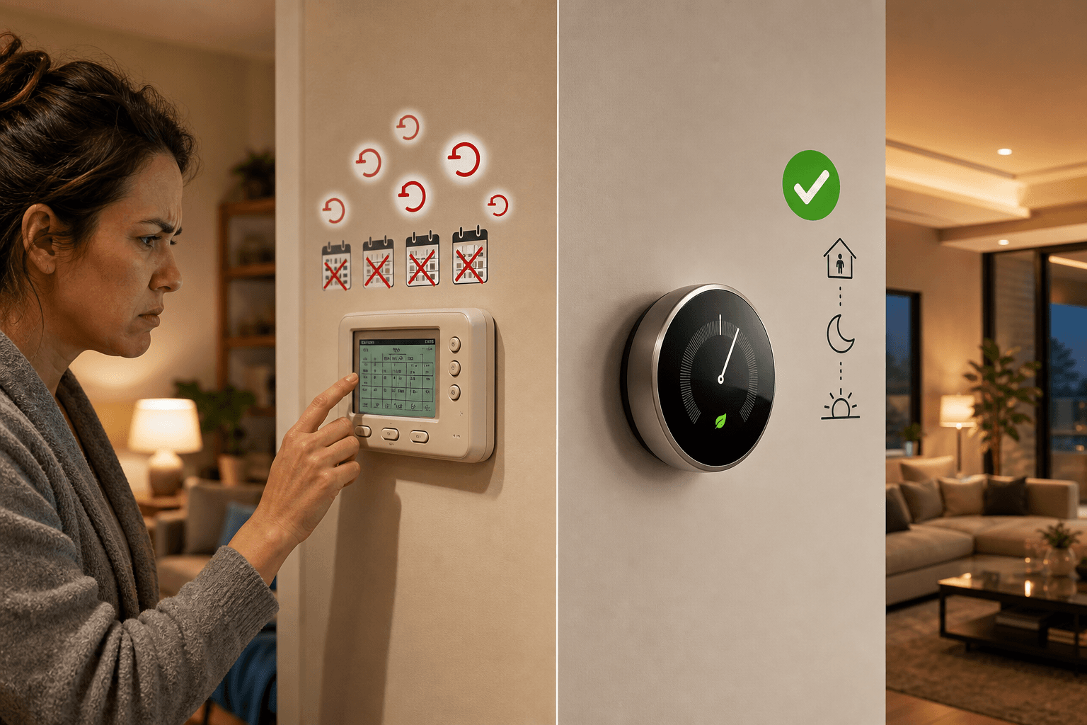 Split-screen comparison showing a person overriding a manual programmable thermostat on the left and an automated smart thermostat on the right.