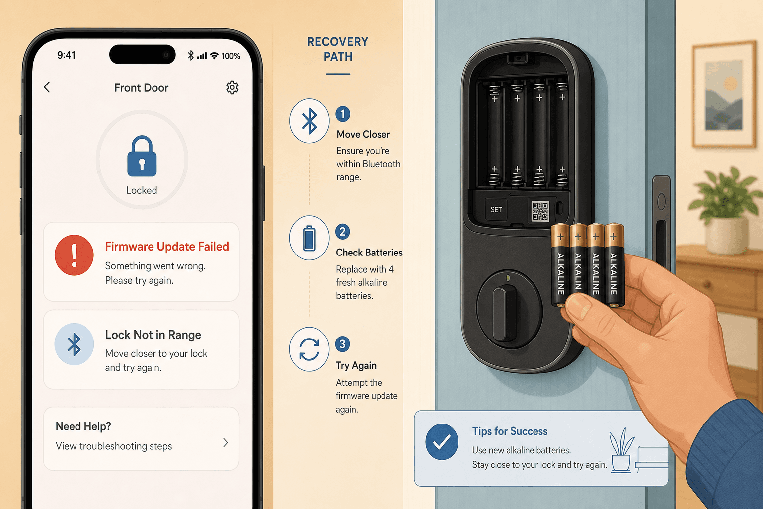 Split-screen illustration showing a smartphone with a 'Firmware Update Failed' error on the left and a hand holding fresh alkaline batteries next to a smart lock battery compartment on the right.