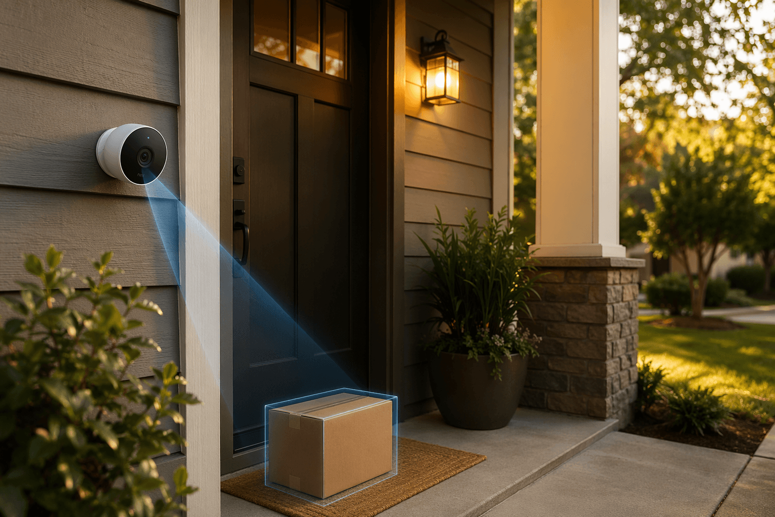 A Google Nest camera mounted on an exterior wall beside a front door, a delivery package on the doorstep, and the porch light illuminated — the camera lens shows a subtle glow indicating AI vision detection.