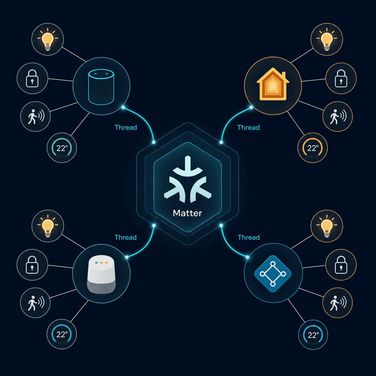 A flat vector illustration on a dark navy background showing a central hexagonal Matter protocol icon connected via glowing teal curved lines to four ecosystem icons arranged in a circle.