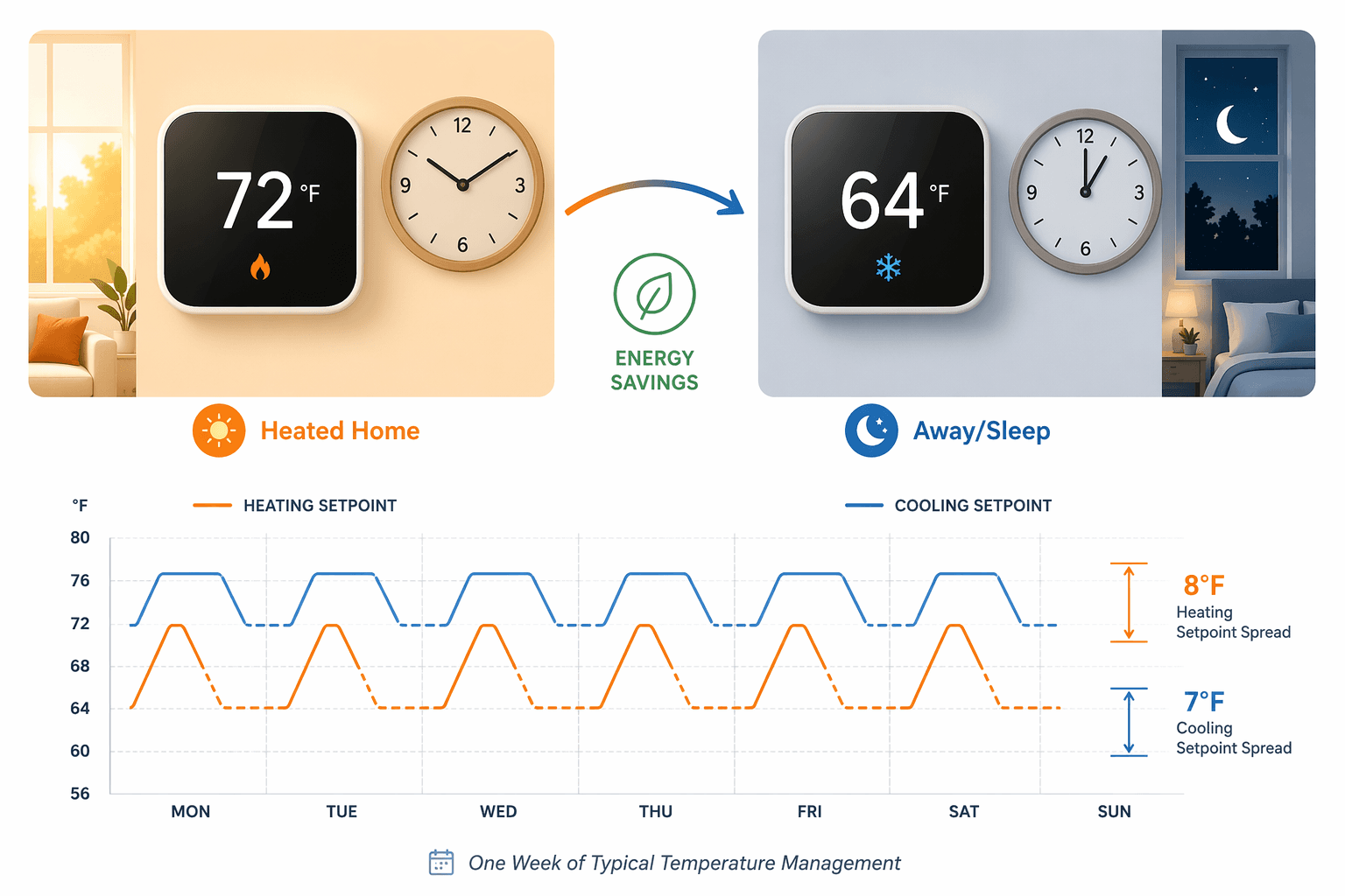 An editorial infographic comparing a daytime heated home thermostat display (72°F, warm orange glow) and a nighttime energy-saving mode display (64°F, cool blue tone) with a curved arrow between them representing schedule transition, above a line graph showing a weekly temperature pattern annotated with '8°F Heating Setpoint Spread' and '7°F Cooling Setpoint Spread' on a clean white background.
