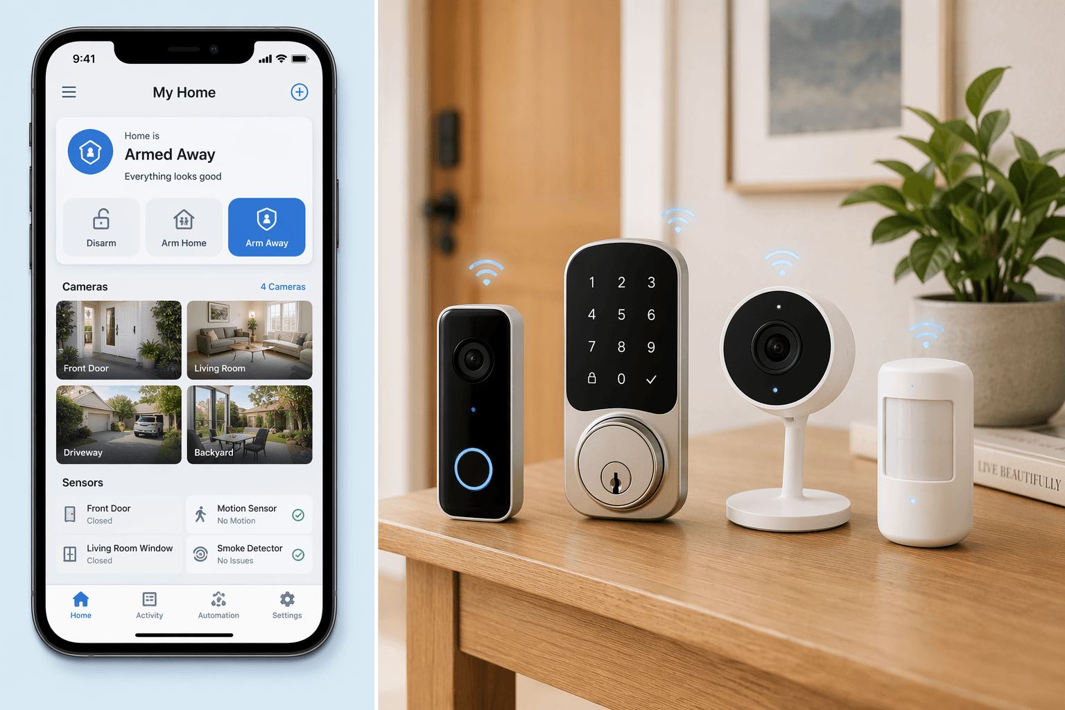 A smartphone app dashboard showing smart home security camera feeds and controls, paired with a video doorbell, smart lock, and motion sensor arranged on a sunny wooden entryway surface.