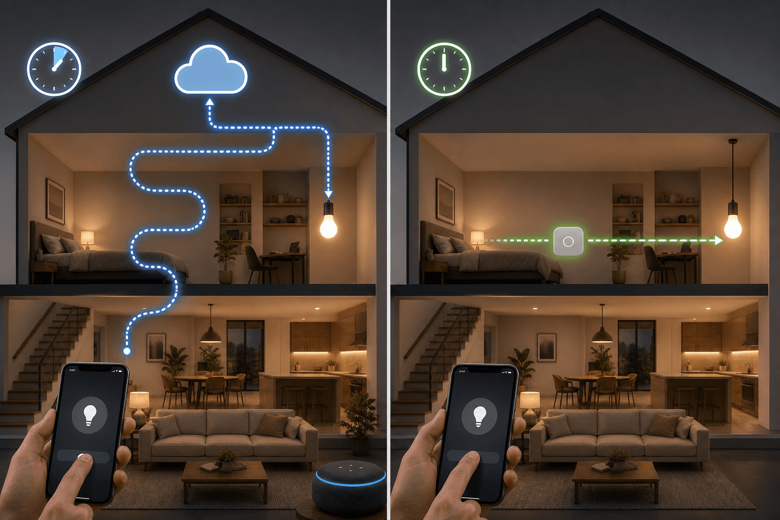 Editorial house cutaway comparison showing two smart home control paths: a winding cloud round-trip path from smartphone to cloud to light bulb on one side versus a short direct local path from smartphone to hub to light bulb on the other side