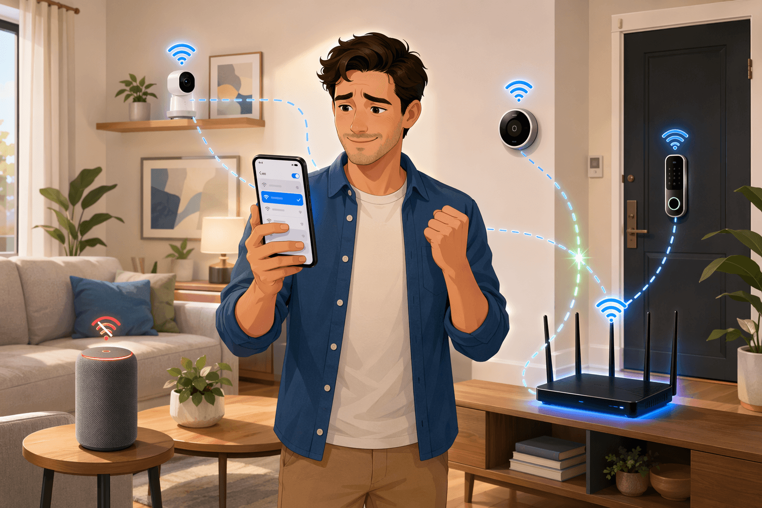 A homeowner in a bright living room holding a smartphone with a Wi-Fi settings page. Around them a smart speaker, camera, thermostat, and lock — one device has a small red disconnected indicator.