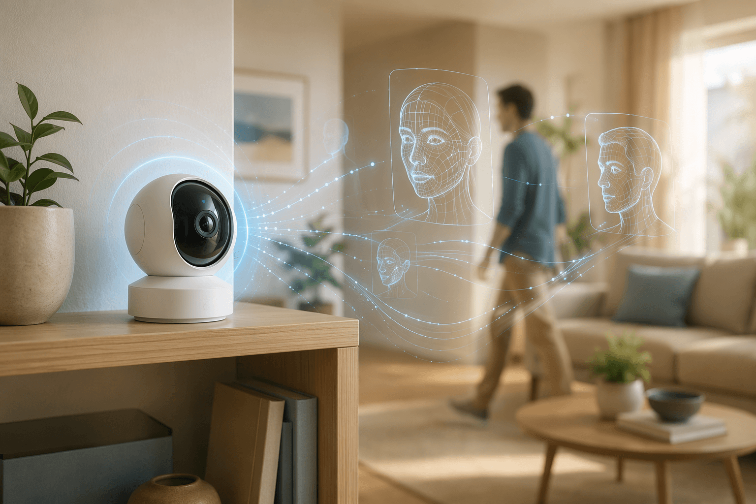 An indoor security camera on a shelf in a bright living room, with semi-transparent wireframe face outlines and subtle motion trail lines floating around it, suggesting AI facial recognition and movement analysis.