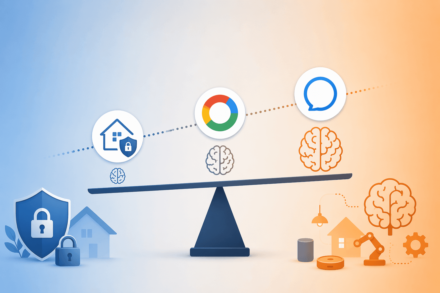 A flat vector balance-scale illustration with three icons representing Apple (home-plus-shield), Google (colorful circle), and Alexa (speech bubble) placed along a horizontal spectrum from cool blue Privacy end to warm orange Capability end.