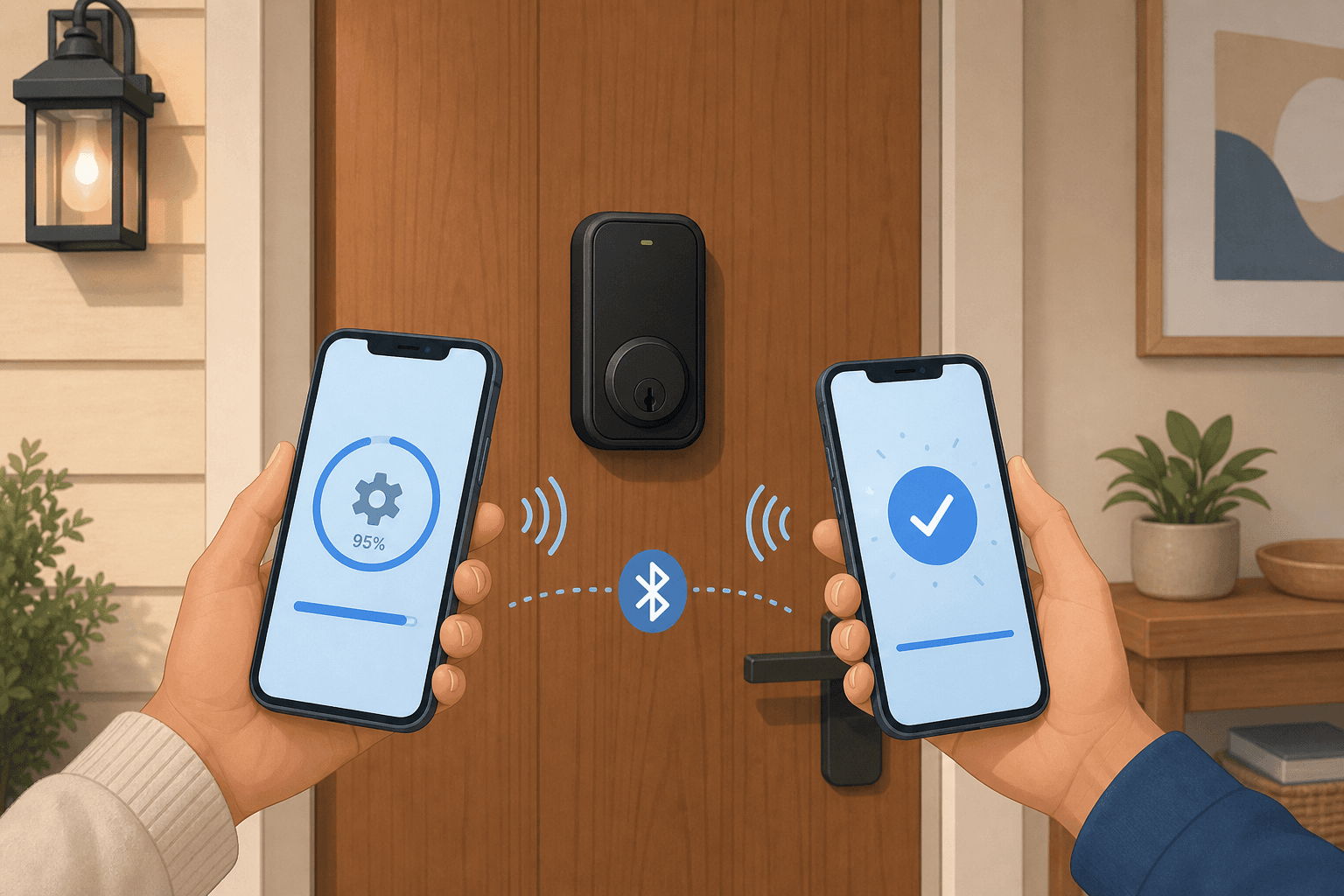 Flat illustration showing a smart lock on a door with two phones nearby — one shows a firmware update progress bar at 95%, the other shows 'Update Complete'. Bluetooth icons connect the phones to the lock.