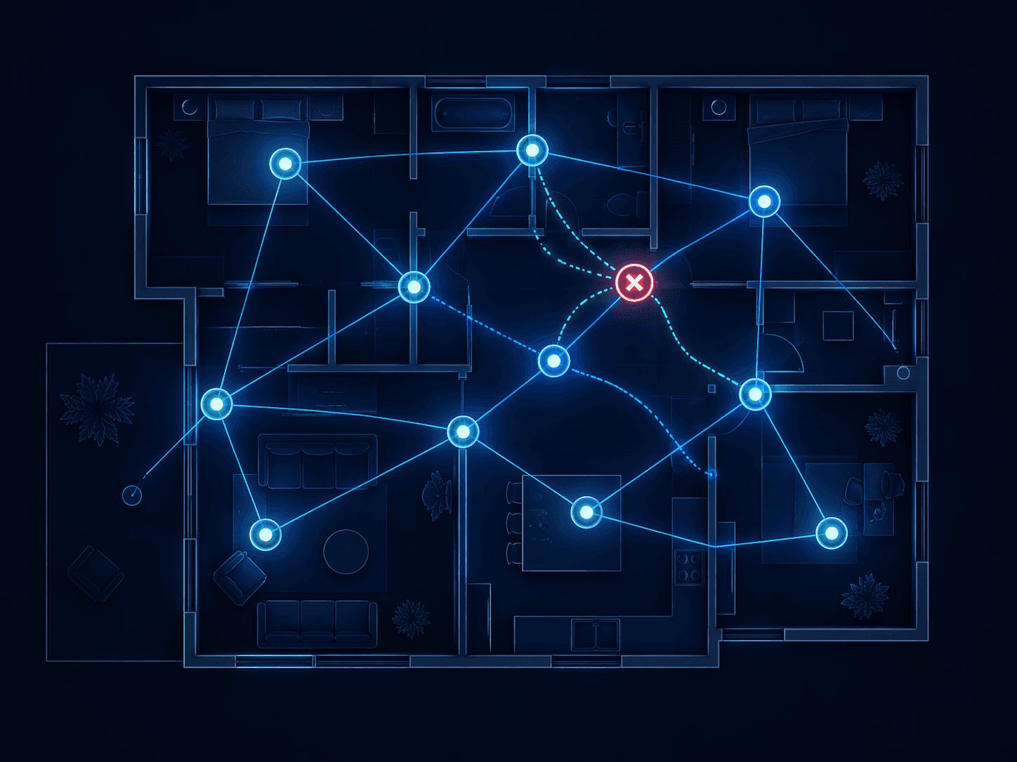 Dark-background editorial illustration of a self-healing Thread mesh network topology within a minimal home floor plan outline, with glowing circular nodes connected by blue lines, one crossed-out node indicating failure, and alternative connection paths curving around it.
