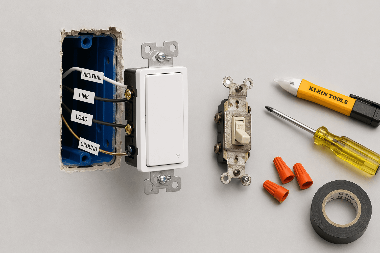 Clean flat-lay product photography scene on a light gray surface showing a modern white smart light switch partially wired into a cutaway drywall section with exposed electrical box and labeled wires. An old vintage toggle switch sits removed to the side alongside a screwdriver, voltage tester pen, wire nuts, and electrical tape.