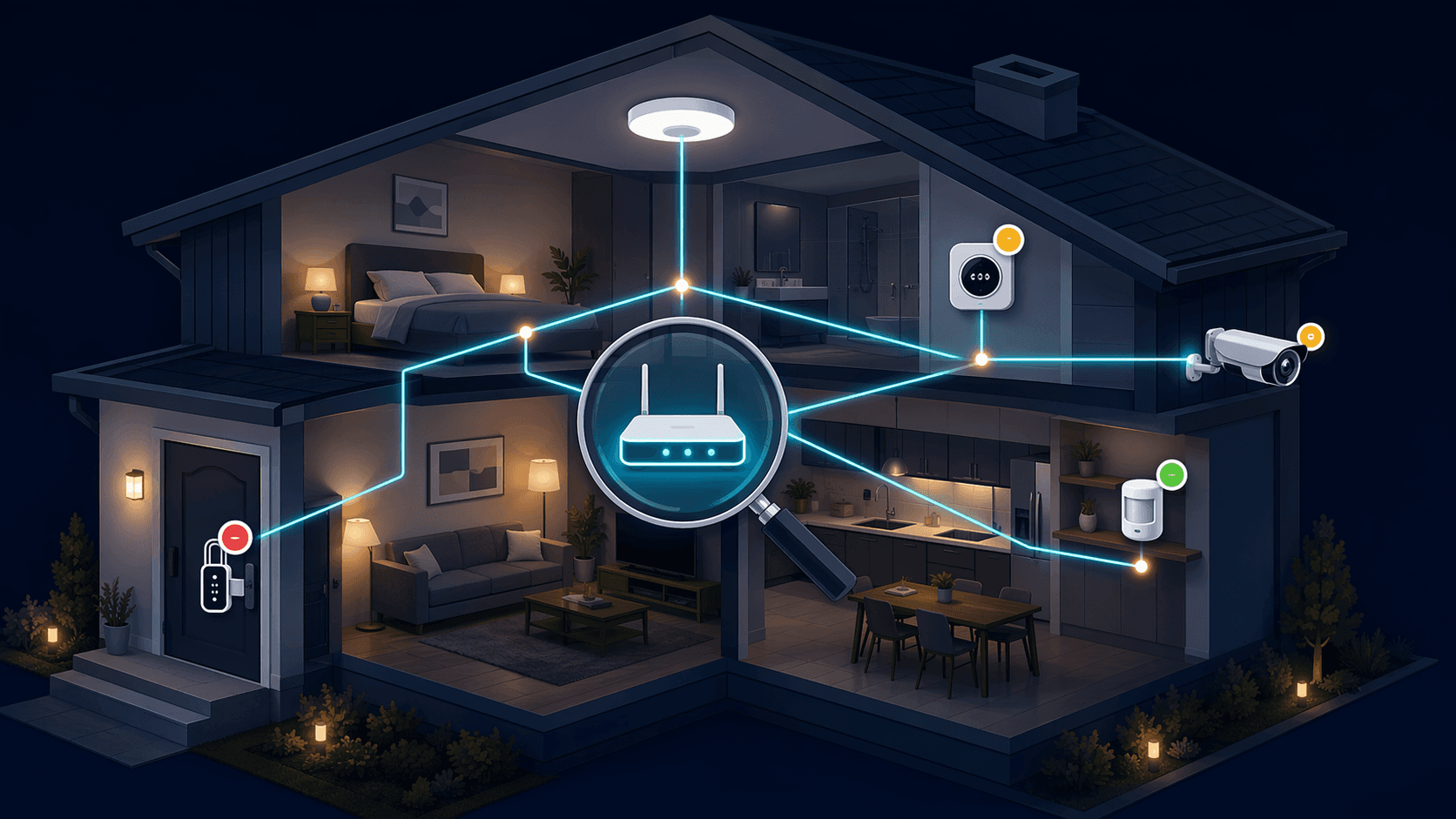 Isometric cutaway house interior with smart home devices connected by glowing cyan network grid lines, a magnifying glass over the router, and red, yellow, and green indicator dots on three devices.