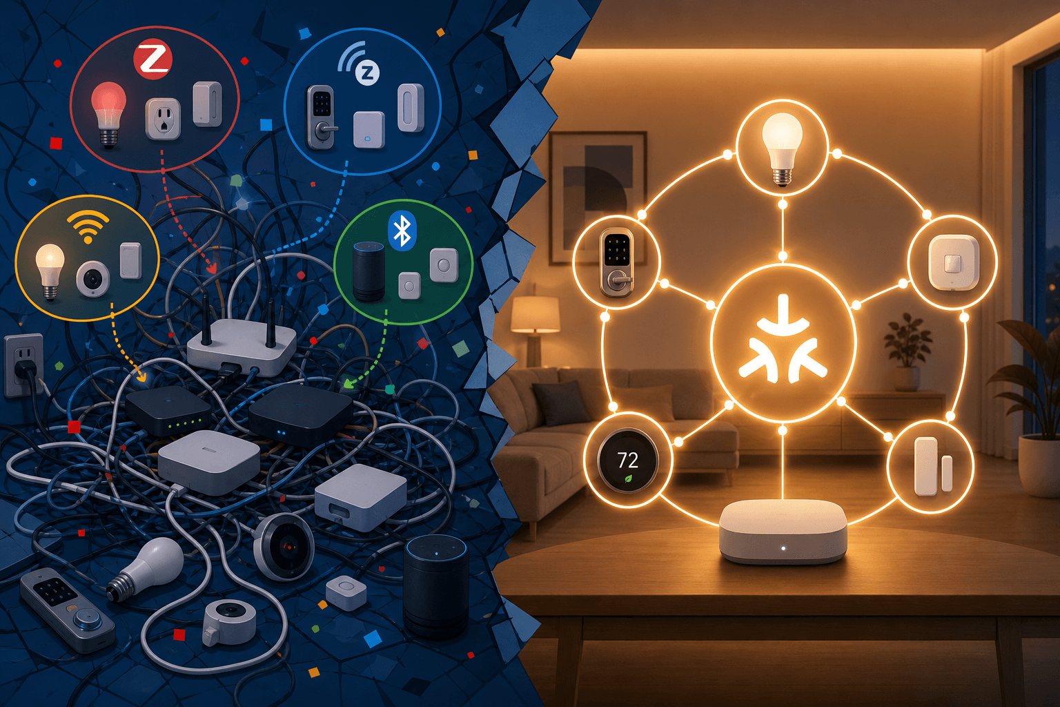 Split-composition illustration: left side shows chaotic fragmented smart home with multiple hubs and disconnected protocols; right side shows unified Matter ecosystem with single hub and connected devices.