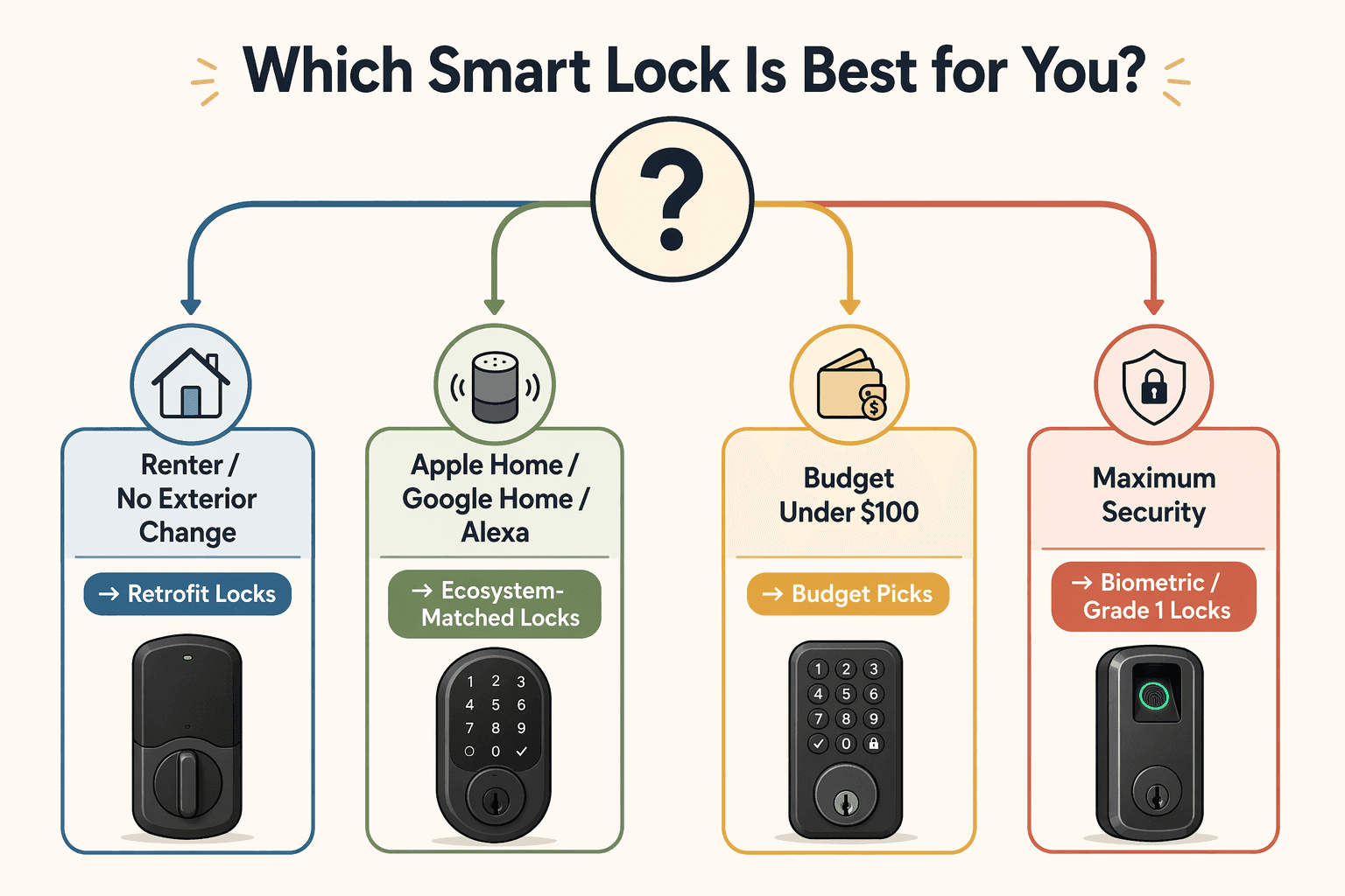 A decision flowchart titled 'Which Smart Lock Is Best for You?' with four main branches: Renter, Ecosystem, Budget, Maximum Security.