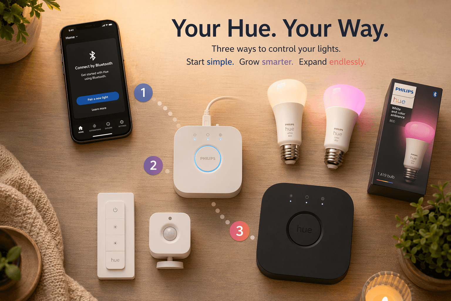 A warm flat-lay composition on a neutral wood surface showing three tiers of Philips Hue control: a smartphone displaying a smart home Bluetooth pairing screen at top-left, a white square Hue Bridge with an Ethernet cable in the center, and a larger black Hue Bridge Pro at bottom-right. Around them are arranged a white A19 bulb, a color-glowing A19 bulb, an Essential bulb with simplified packaging, a dimmer switch, and a motion sensor. Soft natural shadows and warm inviting lighting create an editorial product-photography look. A subtle visual gradient transitions from the phone to the Bridge Pro, suggesting an upgrade decision path.