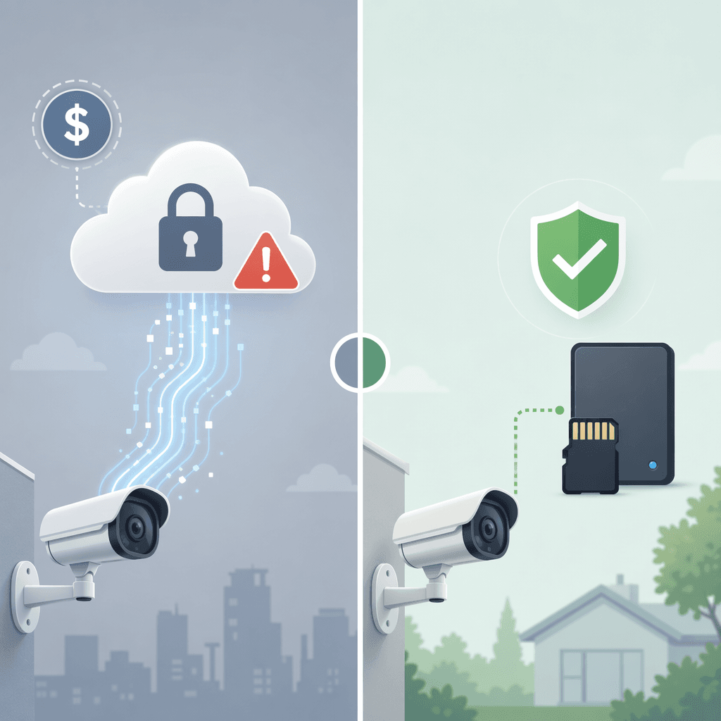 Split illustration comparing cloud storage (left) with a camera sending data upward to a cloud symbol, padlock, warning exclamation, and subscription dollar sign; versus local storage (right) with a camera pointing to a hard drive icon, green shield, and checkmark.
