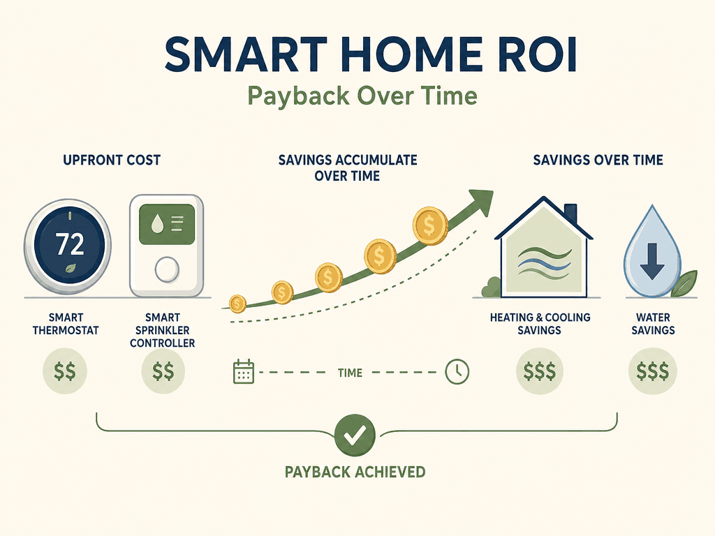 Minimalist editorial infographic illustration showing smart home ROI payback concept: left side with simplified icons of a thermostat and sprinkler controller above currency symbols representing upfront cost, a curved arrow flowing rightward with coins appearing along the path, and right side with icons of a house and water drop next to currency symbols representing long-term savings; sage green and navy palette, clean flat vector style.