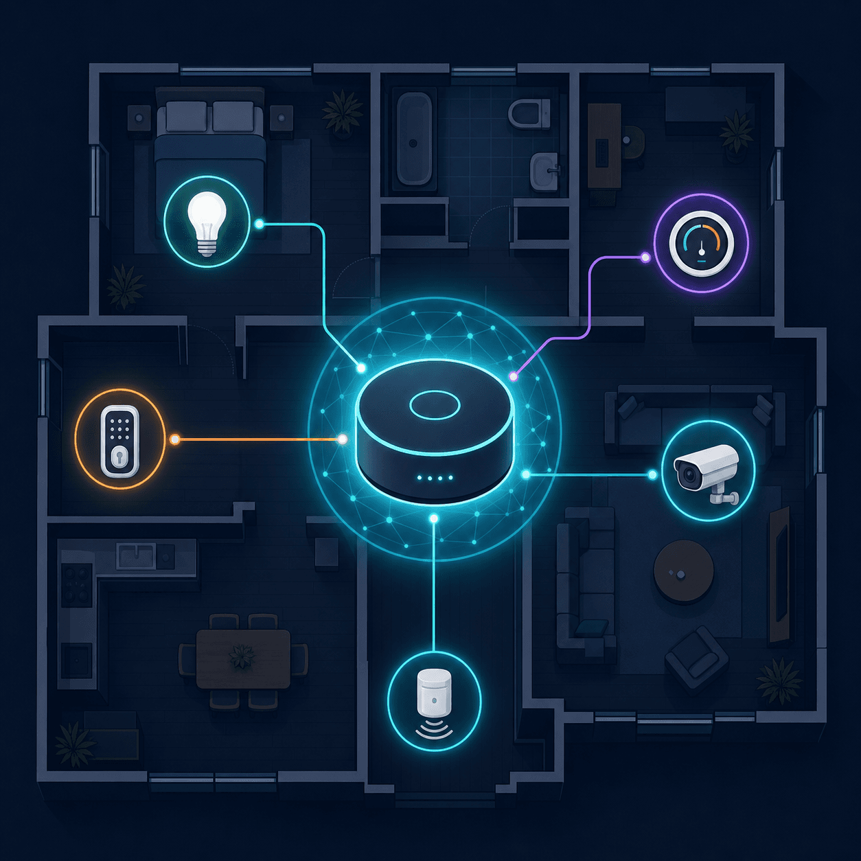 A flat vector illustration on a dark navy background showing a central glowing smart home hub at the center of a house floorplan, with colored connection lines radiating outward to icons of a light bulb, thermostat, door lock, security camera, and motion sensor.
