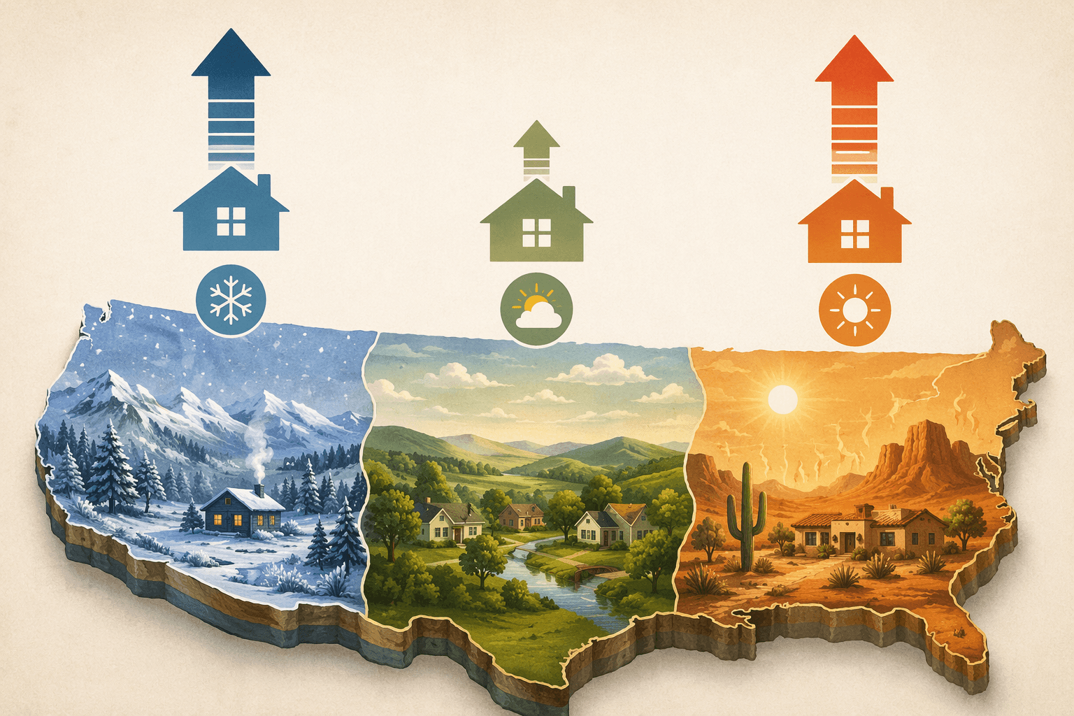 A stylized U.S. cross-section showing three climate zones: cold on the left, temperate in the center, hot on the right, with larger arrows over the cold and hot regions indicating higher savings potential.