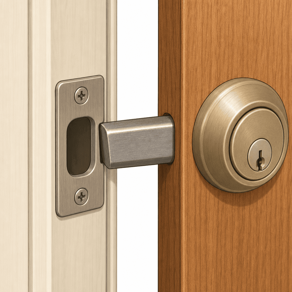Close-up illustration of a metal strike plate on a door frame where a deadbolt latch is catching on the edge of the plate instead of sliding into the center hole, indicating misalignment.
