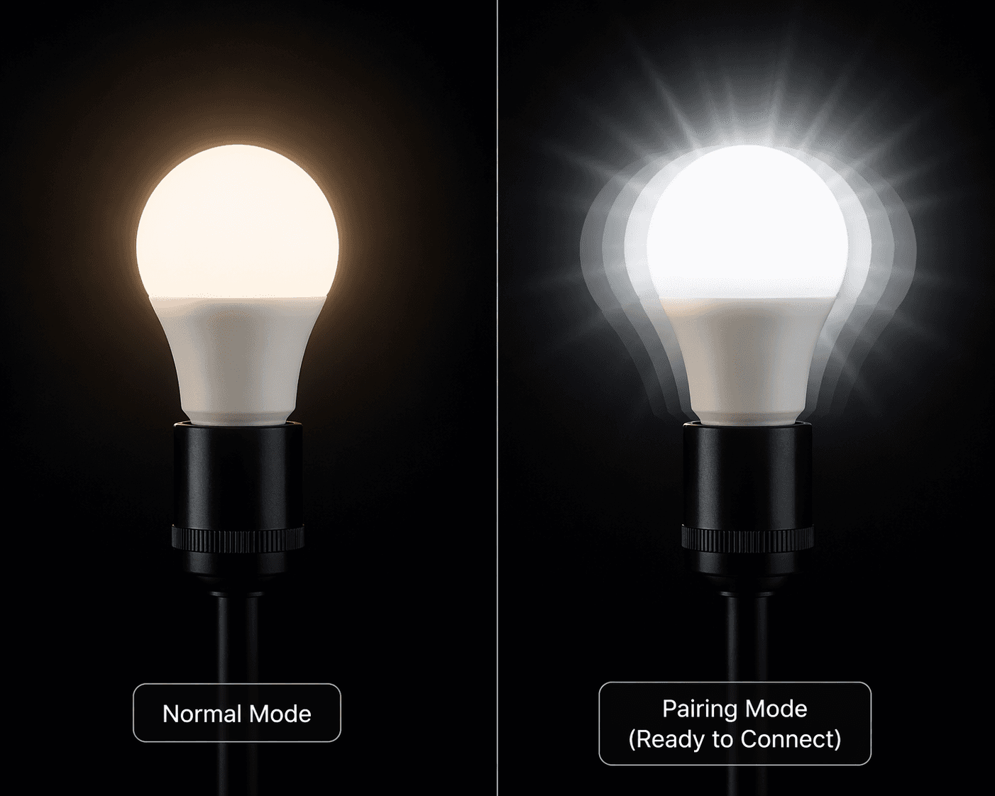 Split image of a smart bulb in a lamp socket: left side glowing steady warm white labeled 'Normal Mode,' right side blinking rapidly with a brighter cool white labeled 'Pairing Mode (Ready to Connect).'