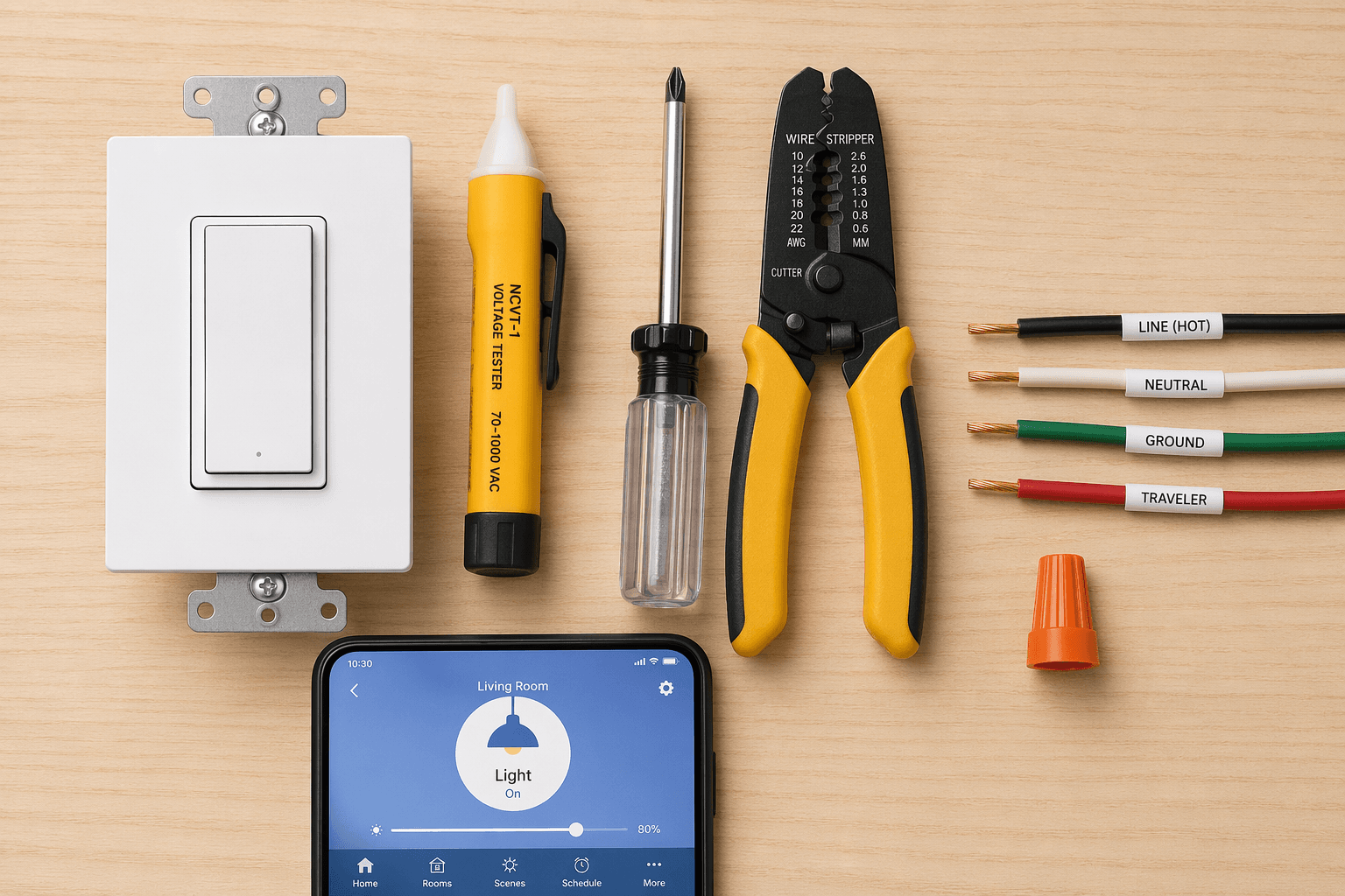A bright flat-lay on a light wood surface showing a white paddle-style smart light switch, a yellow non-contact voltage tester, a silver Phillips-head screwdriver, wire strippers, a bundle of black/white/green/red wires with a wire nut, and a smartphone displaying a smart home app.
