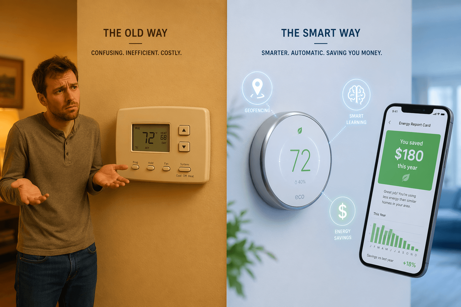 Split-screen image comparing a beige programmable thermostat with a confused person shrugging on the left, and a sleek smart thermostat with a smartphone showing a 'You saved $180 this year' energy report on the right.