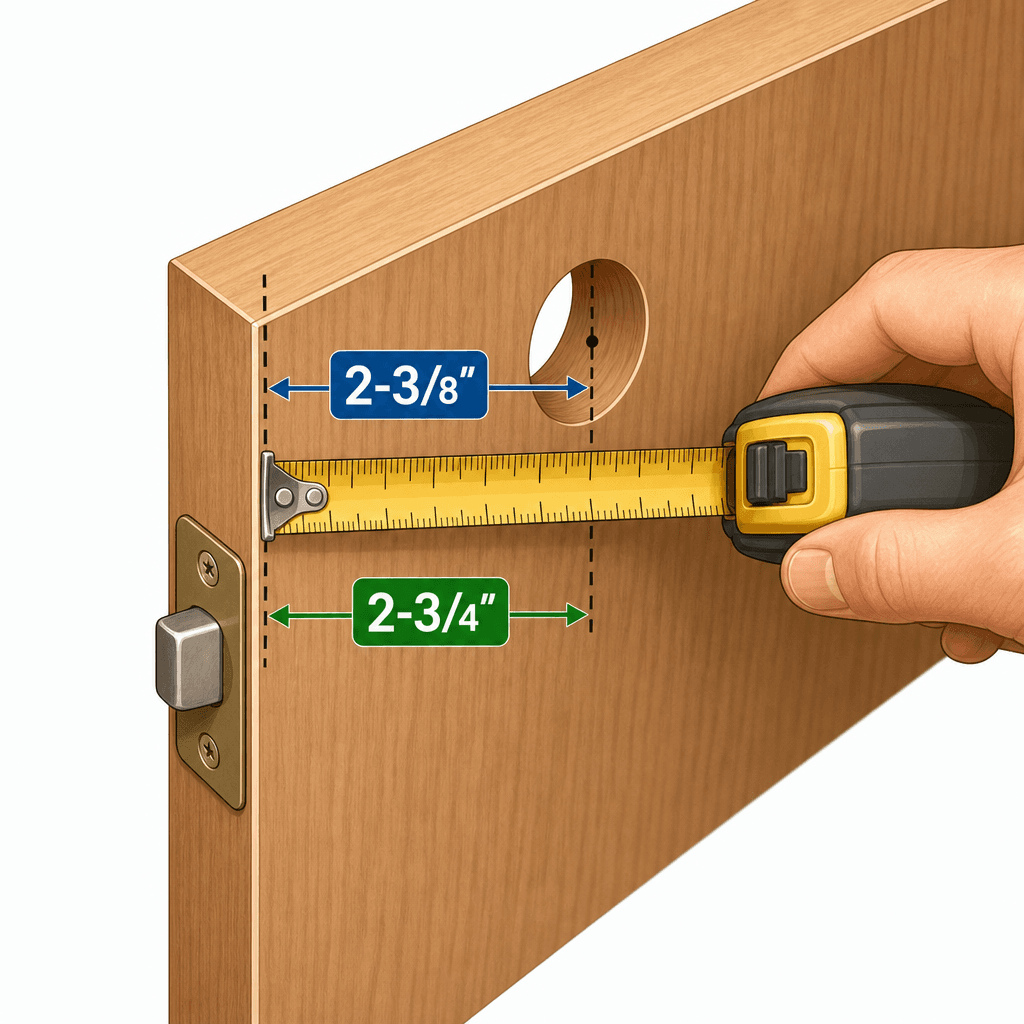 Close-up illustration of a door edge viewed from above with a yellow measuring tape running from the door edge center to the deadbolt bore hole, showing two measurement callout arrows labeled 2-3/8 inches and 2-3/4 inches.