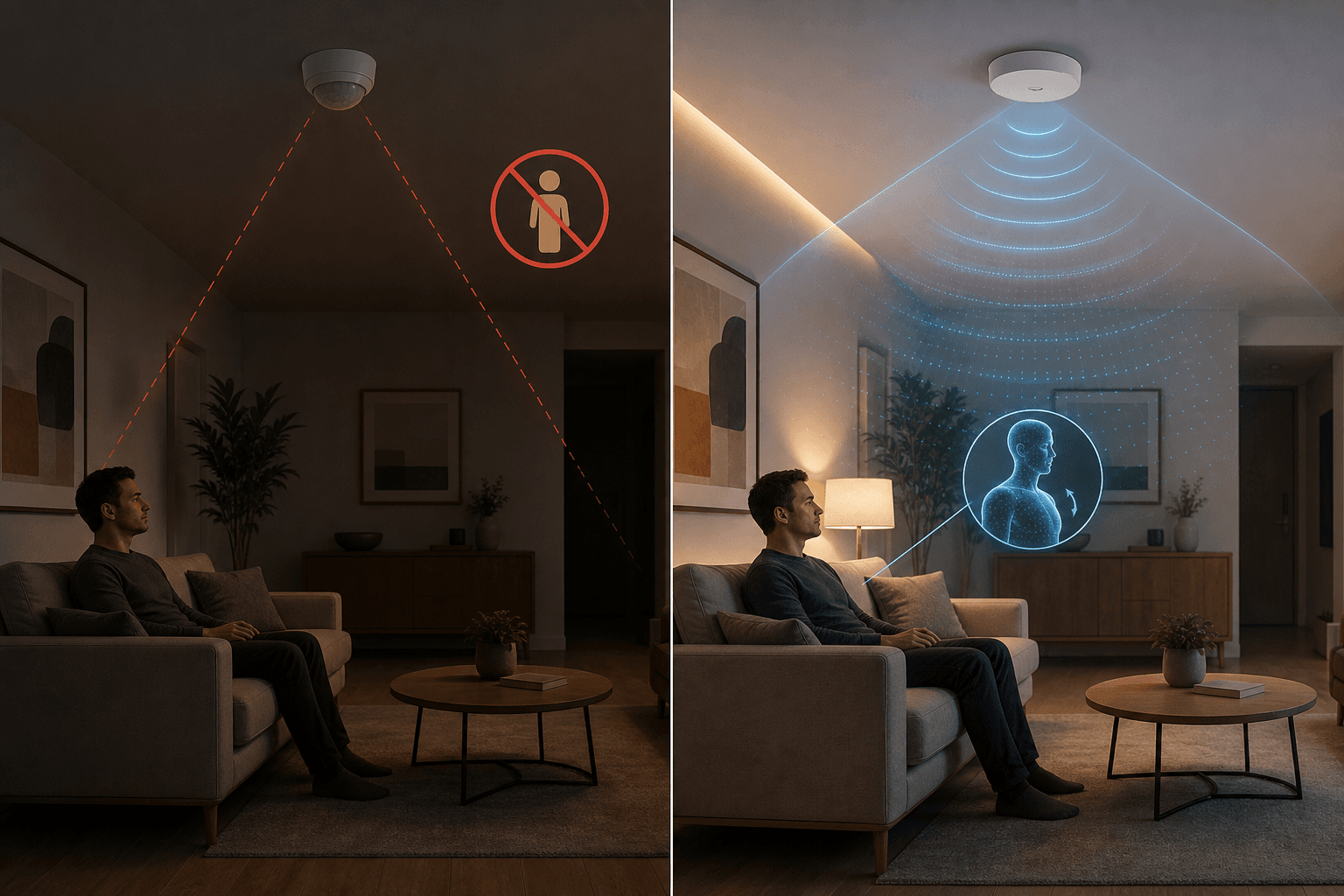Side-by-side comparison showing a person sitting still on a couch: left side with a PIR sensor that fails to detect them (lights dimmed) and right side with an mmWave sensor that detects micro-movements via subtle radar-like waves (lights staying warmly lit)