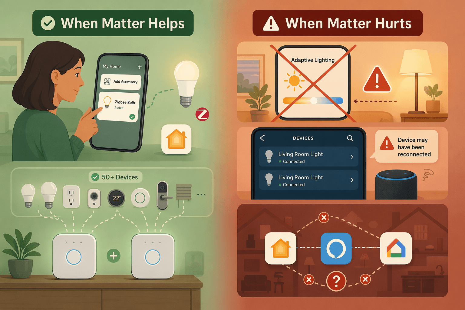 A split-screen editorial illustration. The left half on a green-tinted background shows 'When Matter Helps' scenarios: a user adding a third-party Zigbee bulb to an Apple Home app interface, and two Hue Bridges working together to exceed a 50-device limit. The right half on an amber-red tinted background shows 'When Matter Hurts' scenarios: an Apple HomeKit Adaptive Lighting feature crossed out with a warning symbol, an Alexa app interface showing duplicated device entries with a reconnection alert, and three smart home app icons (Apple Home, Alexa, Google Home) connected by unstable dashed lines. Clean flat vector illustration style with warm ambient colors, no specific brand logos, no real UI screenshots.