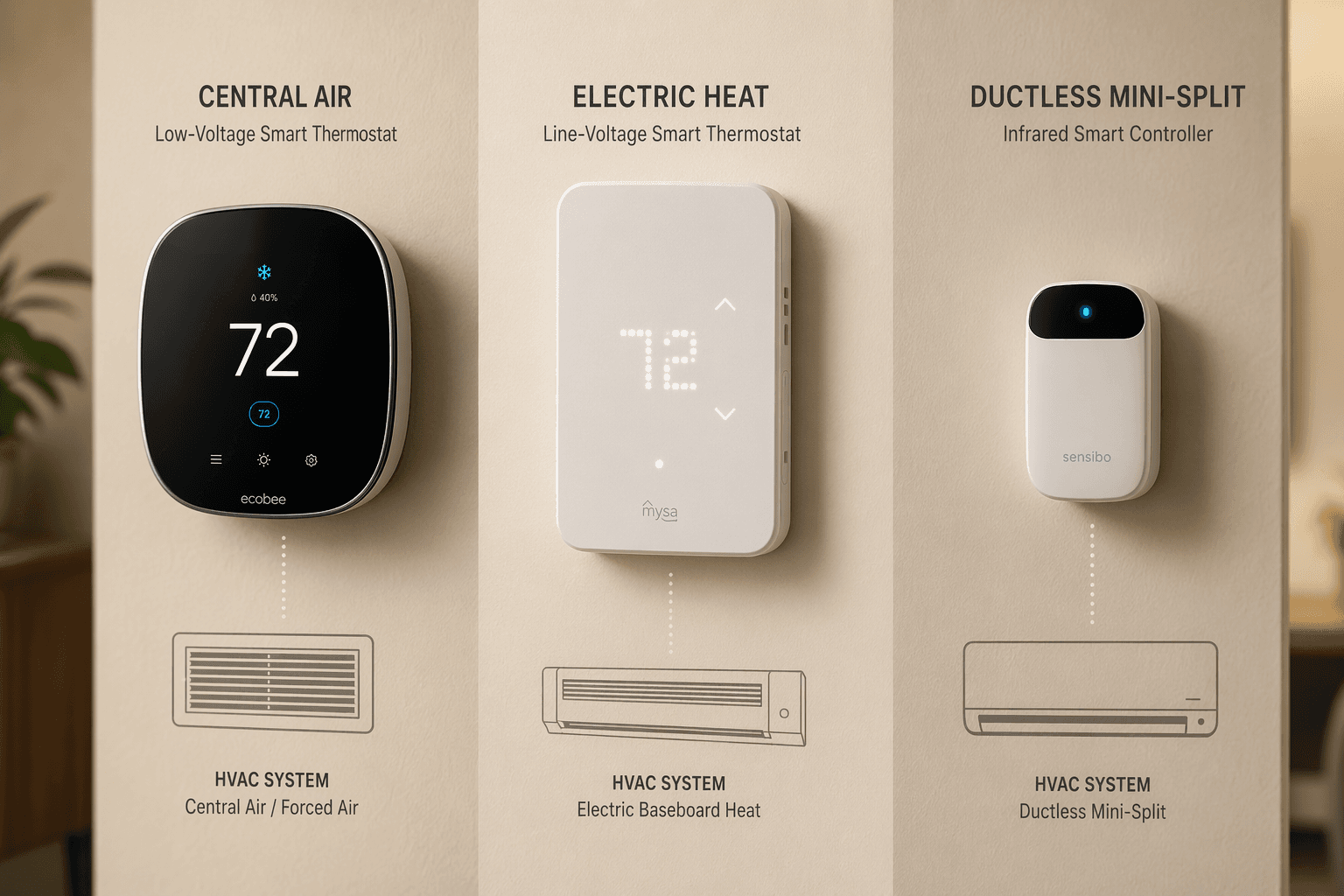 Three distinct smart thermostat types arranged side by side on a wall: a low-voltage thermostat with central air icon, a line-voltage thermostat with baseboard icon, and an infrared controller with mini-split icon