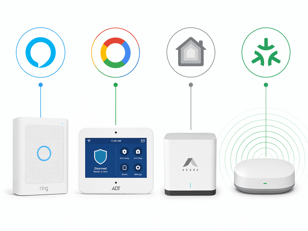 A four-column editorial comparison visual with Amazon Alexa, Google Home, Apple HomeKit, and Matter ecosystem icons at the top, each connected by a line to its recommended security system product illustration below: a Ring base station for Alexa, an ADT panel for Google Home, an Abode gateway for HomeKit, and a generic smart hub for Matter.