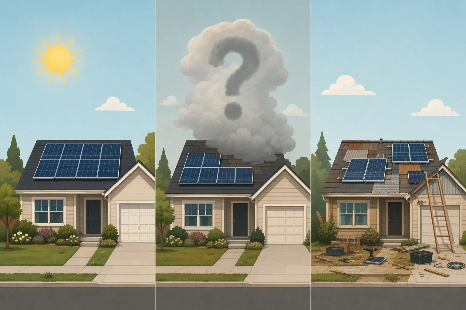Three homes comparing a solid solar quote, a vague solar quote, and a rushed solar installation