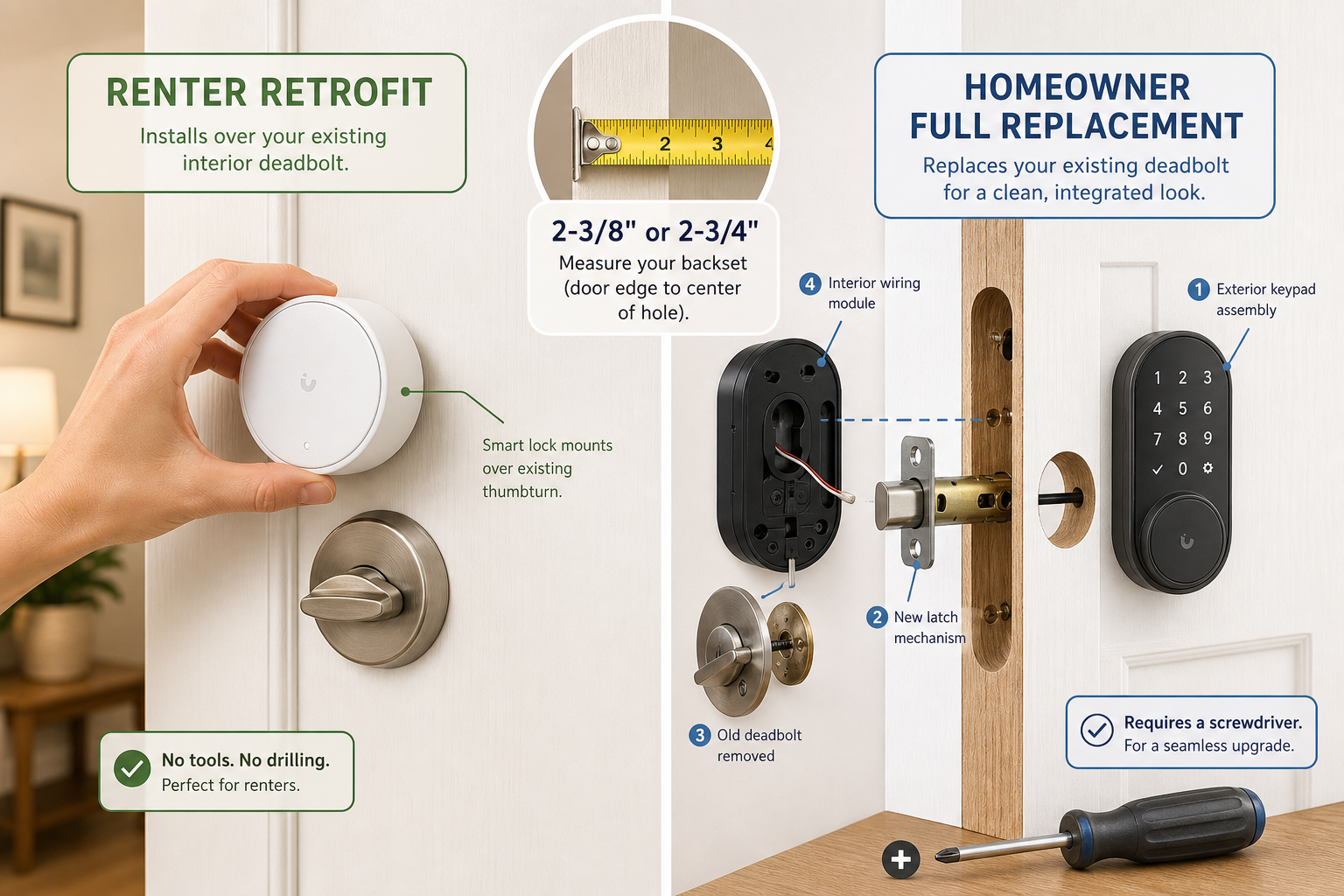 Split-screen illustration of a door showing two smart lock installation paths: renter retrofit on the left with a hand placing a round smart lock over the existing thumbturn (no tools), and full deadbolt replacement on the right showing removed old deadbolt, new latch, exterior keypad, interior wiring, and a screwdriver, with a measuring tape and backset callout at center top.