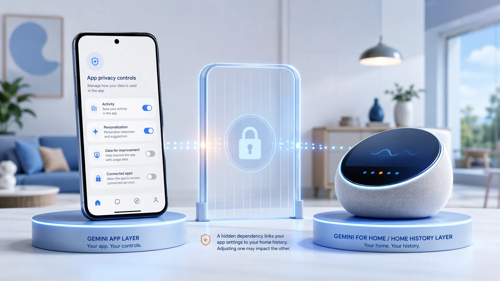 Two separate smart home privacy control layers, with a phone for Gemini App settings and a smart speaker for Gemini for Home settings
