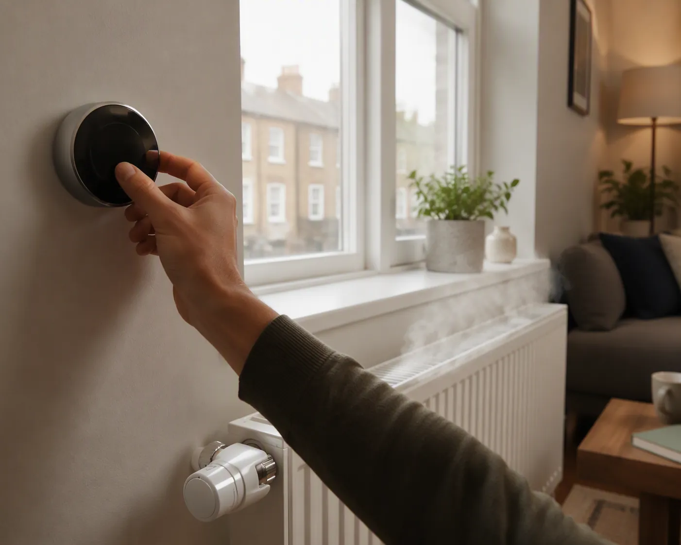 Smart thermostat adjusted down with a smart radiator valve below