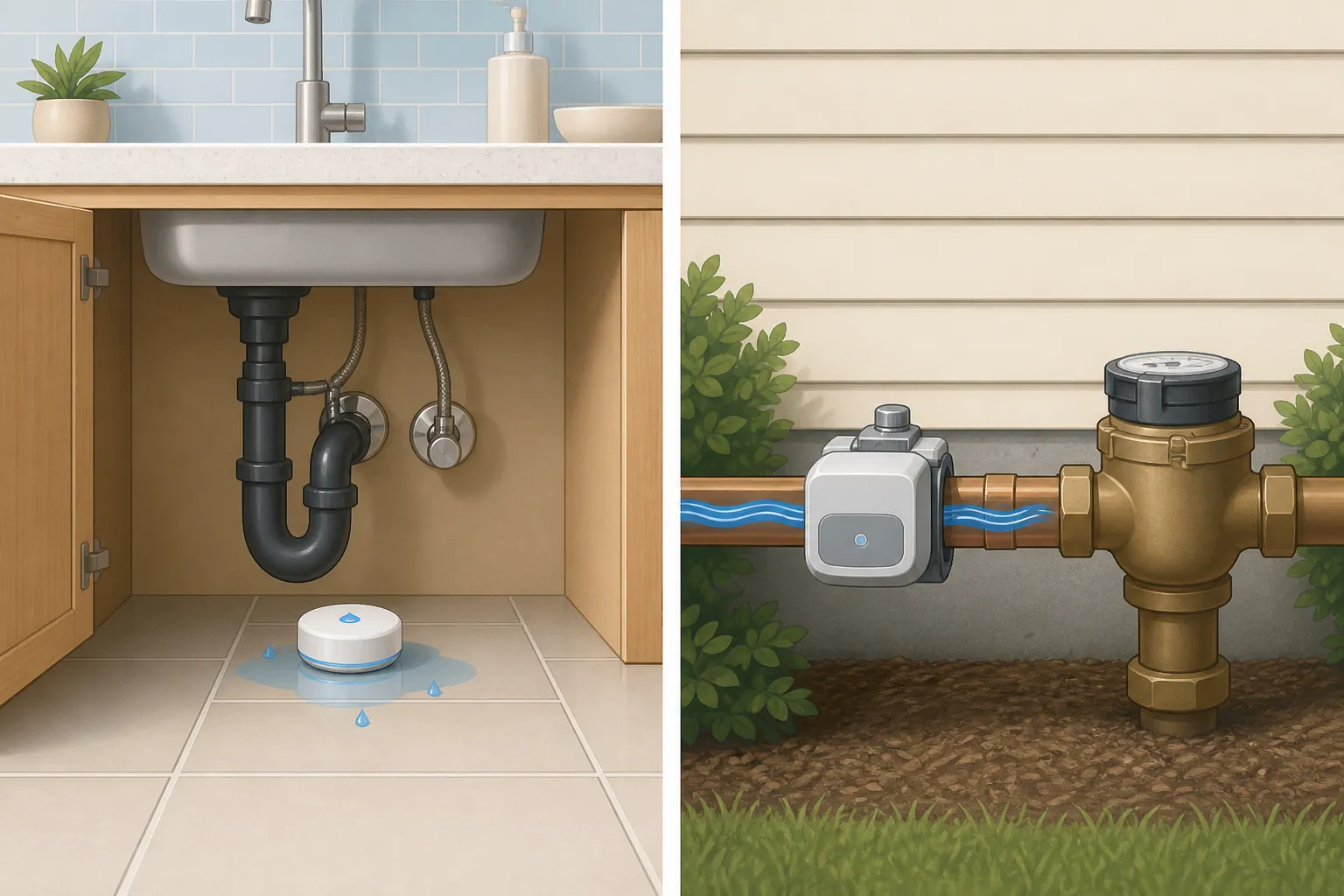 Split illustration comparing a puck-style leak sensor under a sink with a clamp-style whole-home flow monitor on a main water pipe