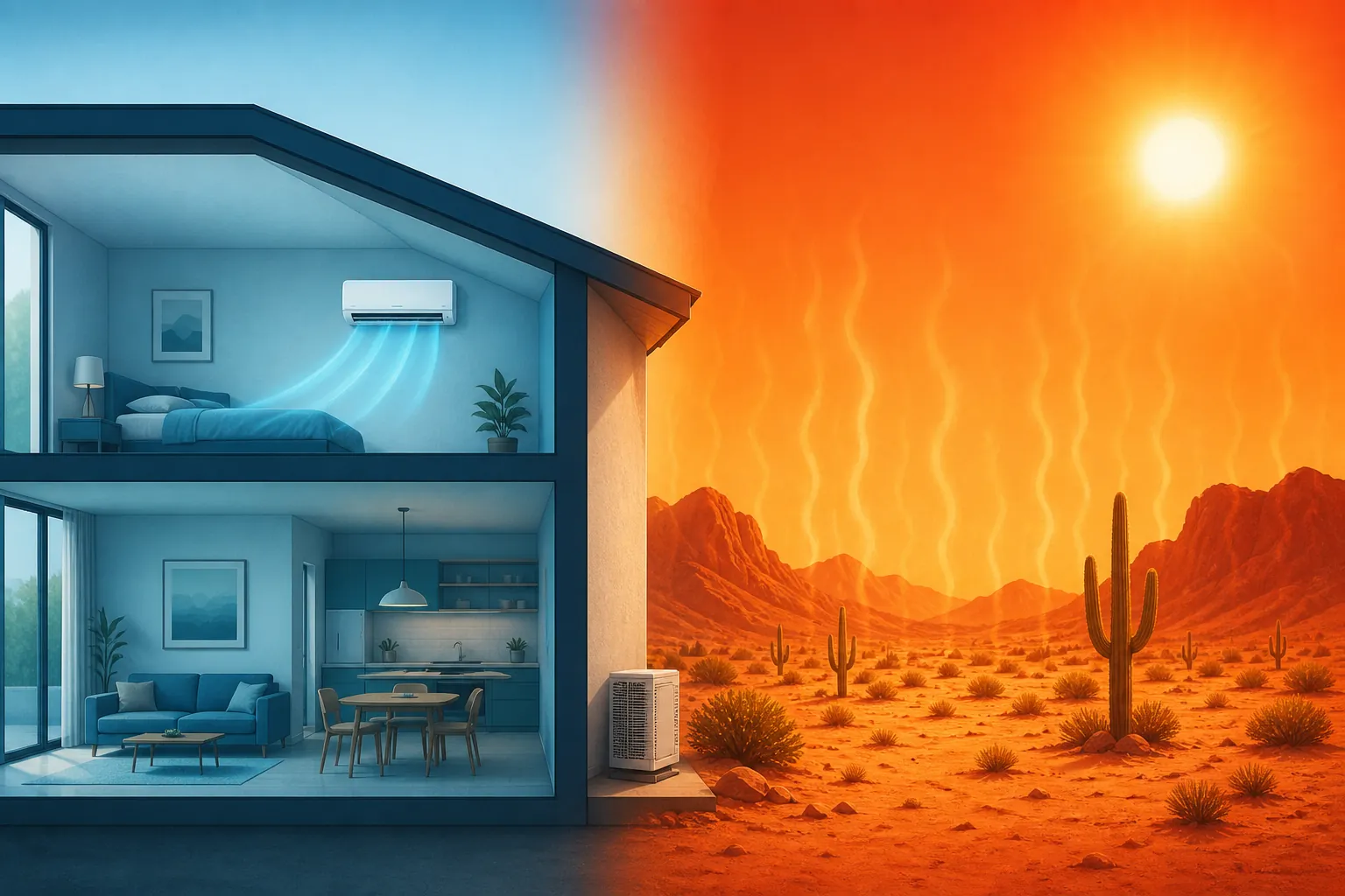 Split illustration of a cool blue home interior against a scorching orange desert exterior