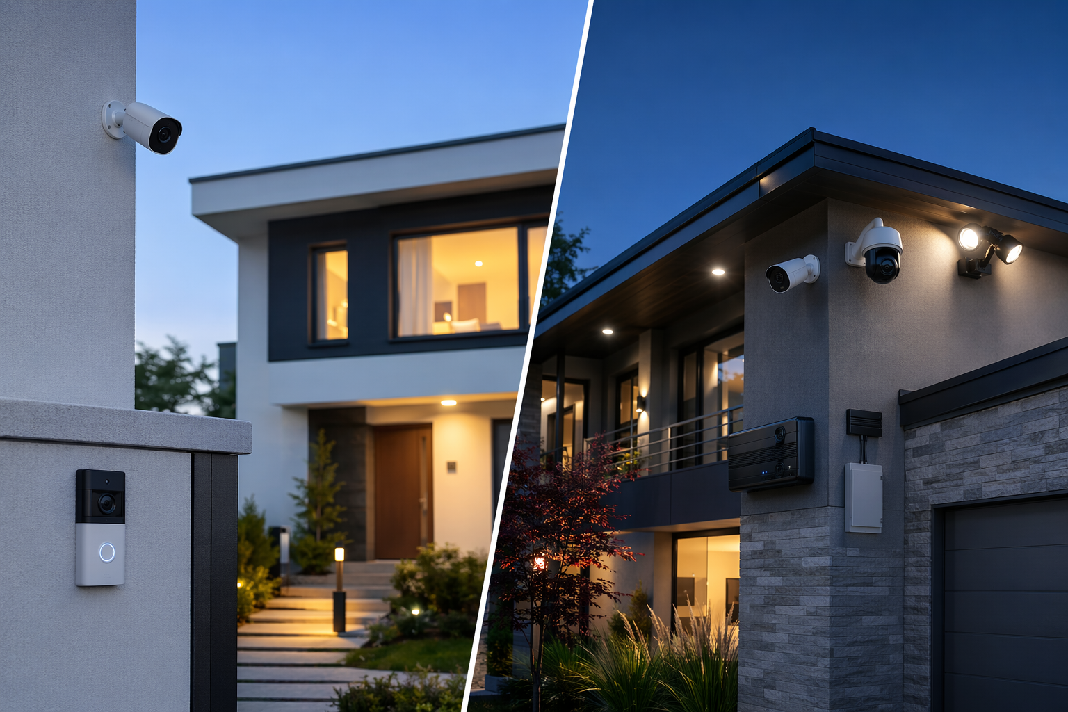 Modern suburban home with smart cameras and a video doorbell at twilight