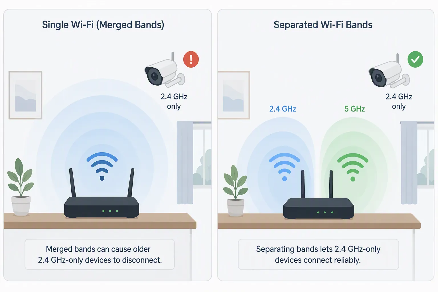 Merged Wi-Fi network failing a 2.4 GHz camera and split 2.4 GHz and 5 GHz networks allowing it to connect