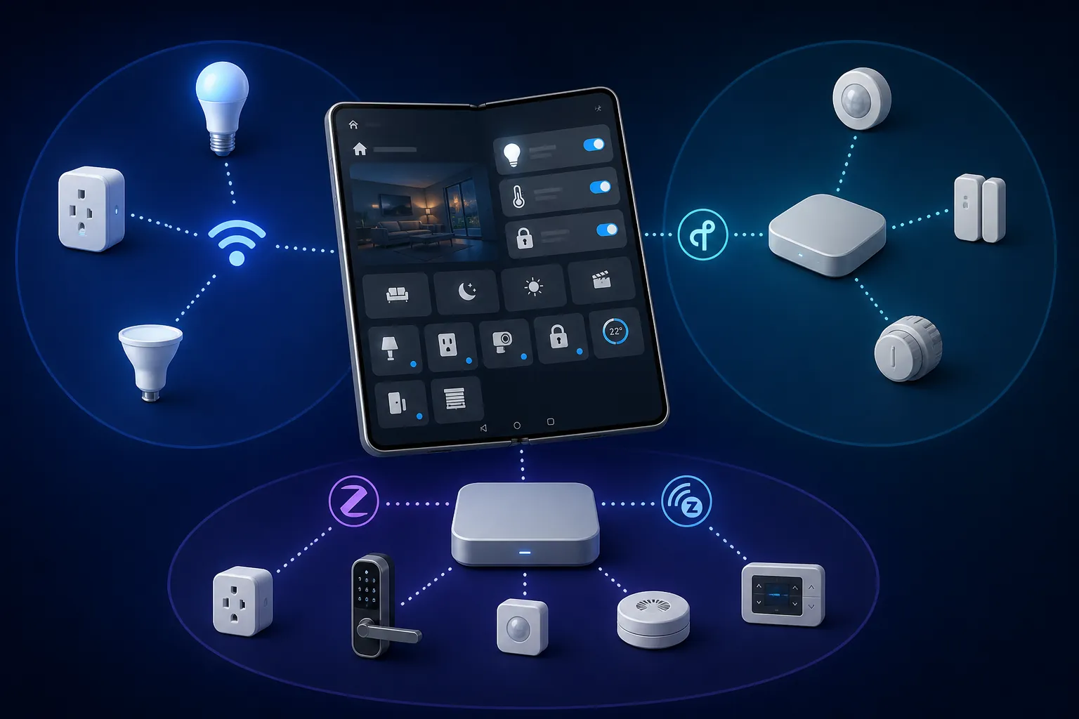 Foldable phone smart home dashboard showing direct Wi-Fi Matter control, Thread through a border router, and Zigbee or Z-Wave through a dedicated hub