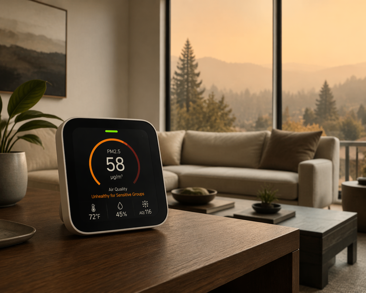 Smart air quality monitor displaying PM2.5 data in a hazy living room during wildfire smoke